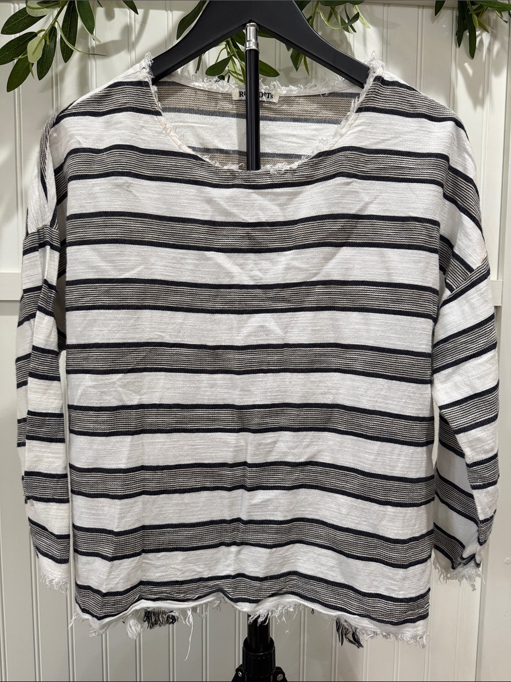#177 RAG POETS Distressed 3/4 Sleeve Blouse - Black/White Stripes